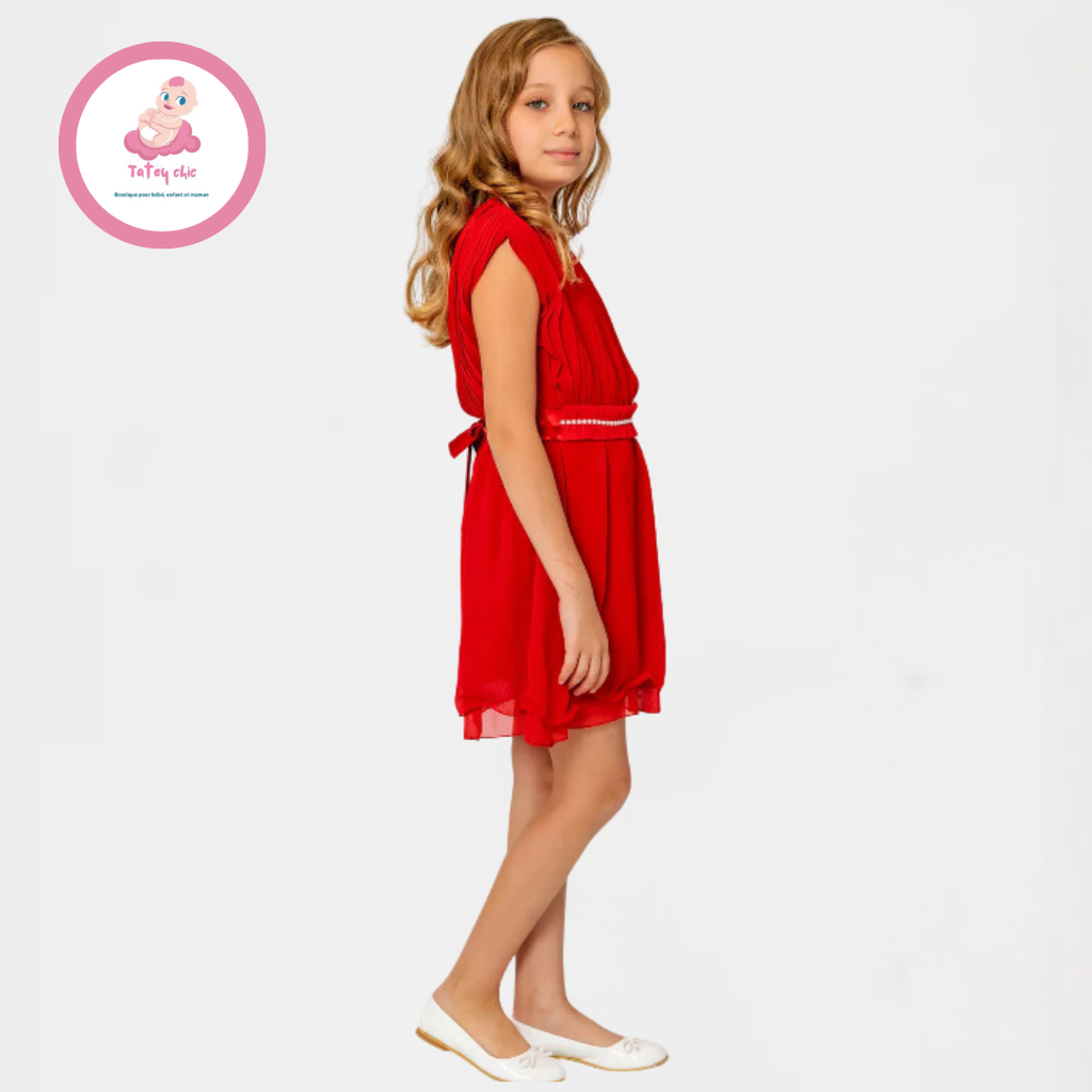 Robe plissée tendance avec col rond et ceinture pour fille