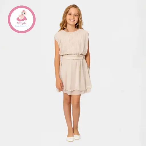 Robe plissée tendance avec col rond et ceinture pour fille